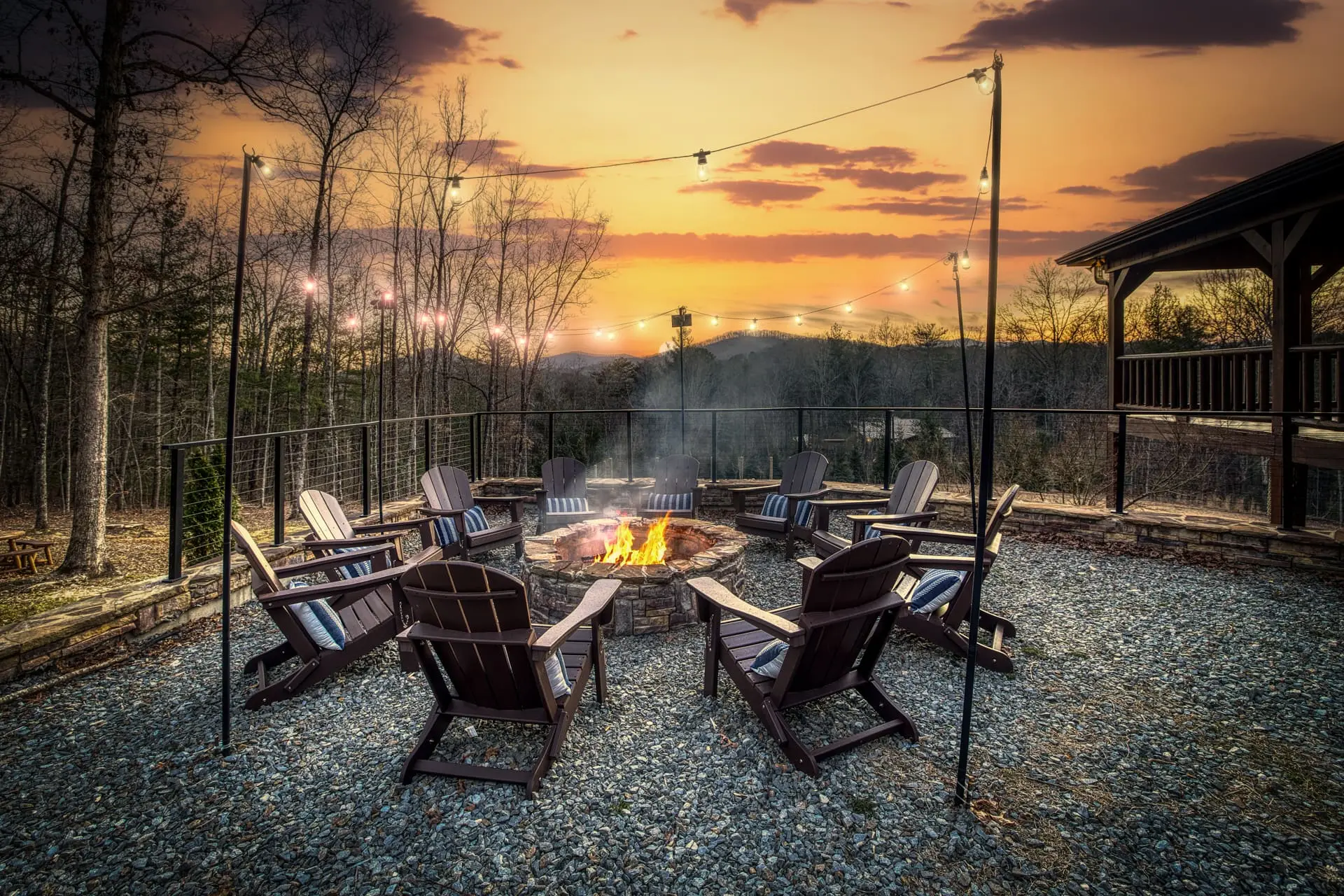 This inviting outdoor space is perfect for relaxing after a day of adventure—enjoy the warmth of the fire, fresh mountain air, and unforgettable sunset skies.
