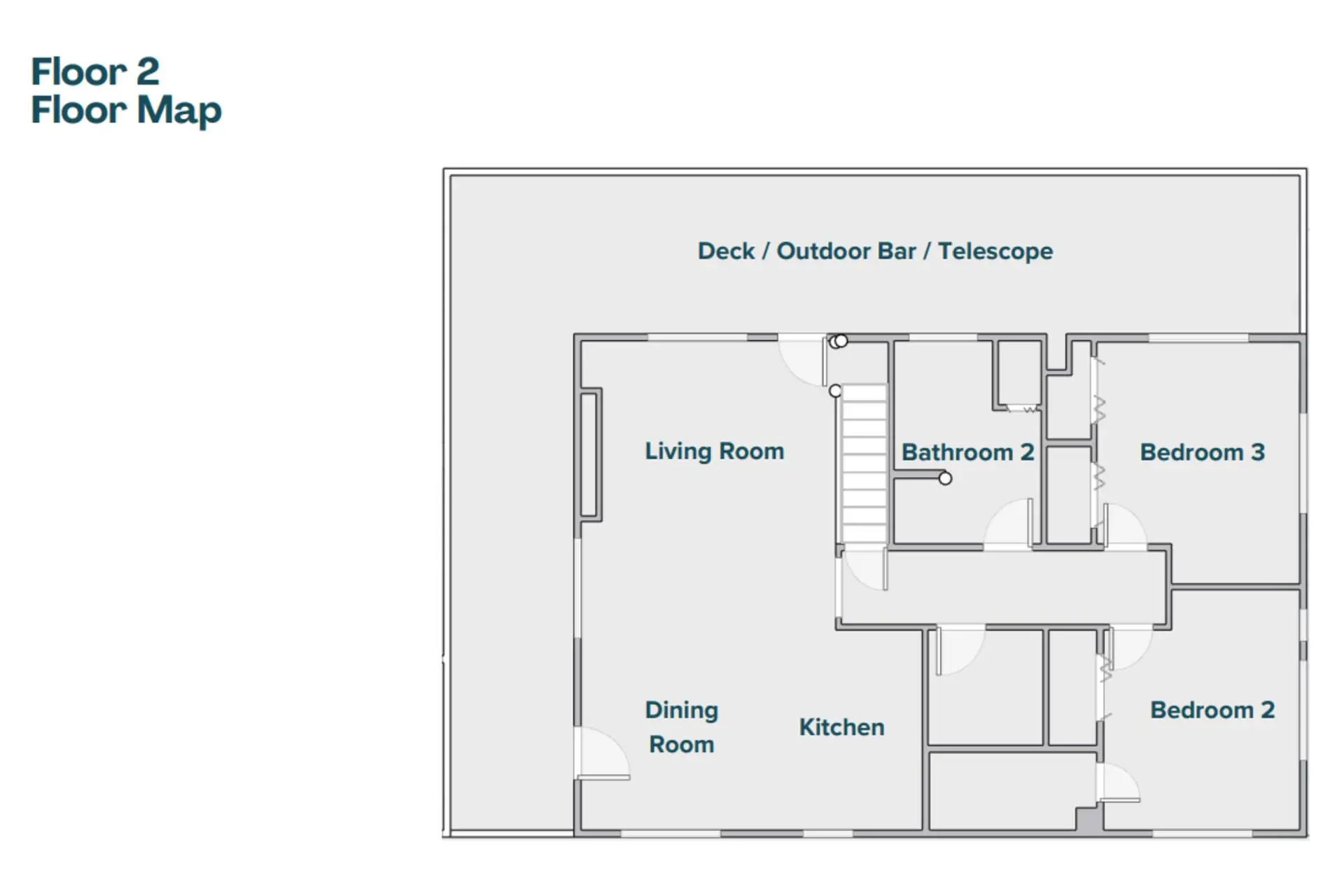 Upper level with huge deck, outdoor bar & telescope; 2 BRs, open living.